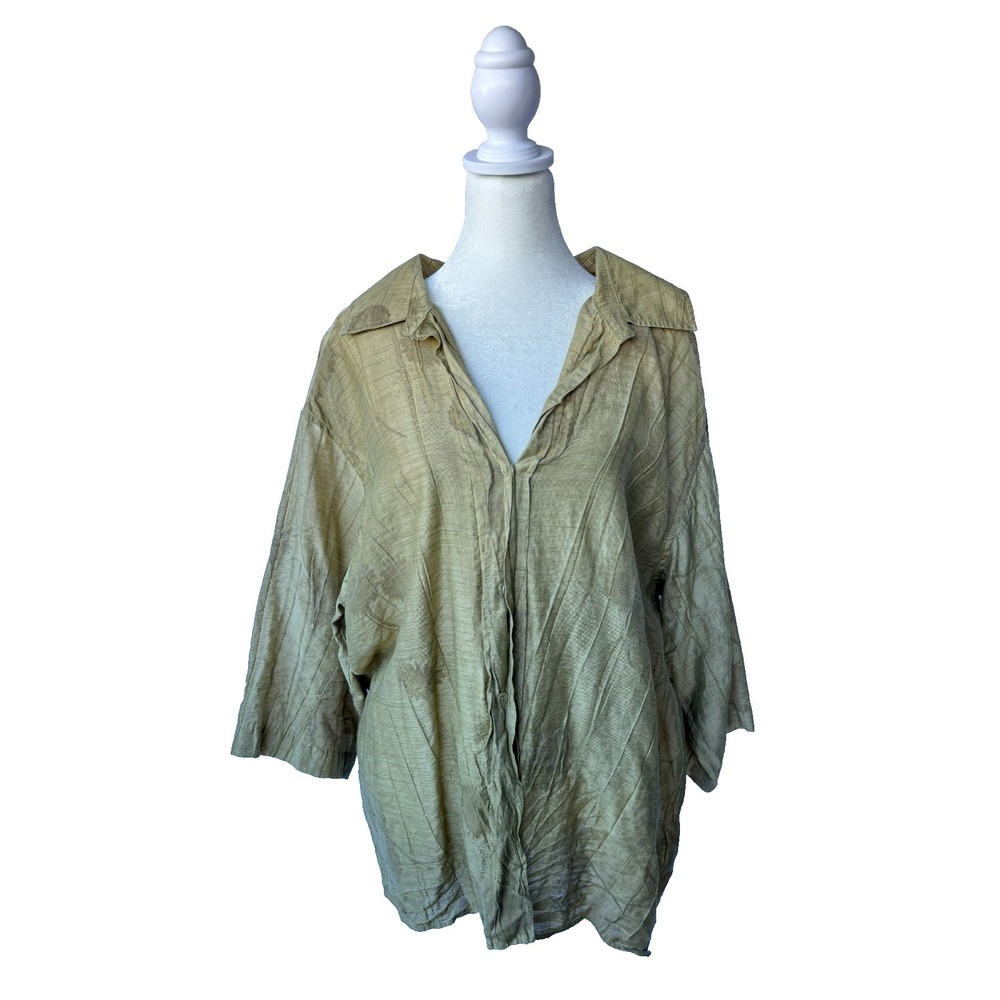 Zara‎ Button Up Womens XS Oversized Moss Green Textured Tunic Lagenlook Classic